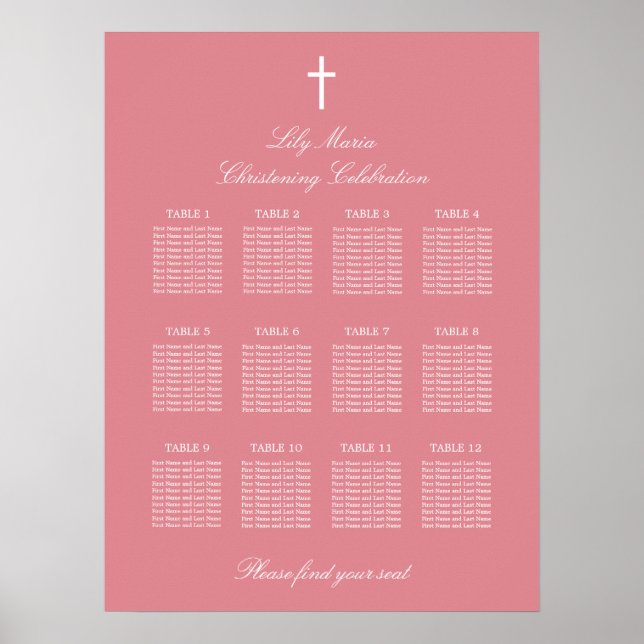 Affiche du plan de table de baptême rose 12 tables (Devant)