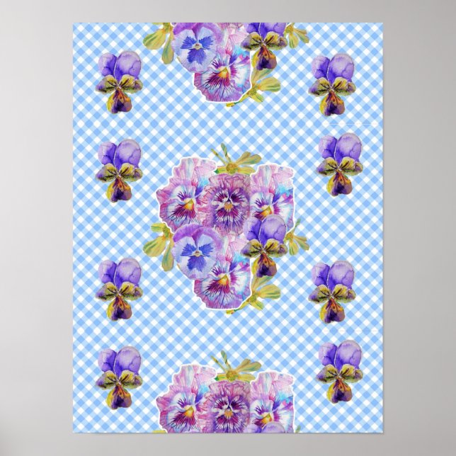 Affiche Fleur de pensée à carreaux bleus Shabby Ch (Devant)