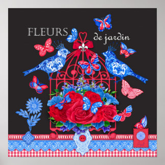 Affiche Fleur Porcelaine Oiseaux et Cage à Oiseaux