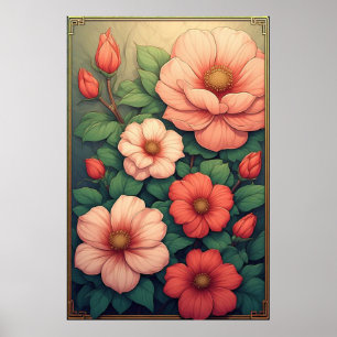 Affiche Fleurs Vintage Feuilles et Fleurs Vertes