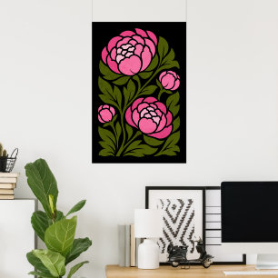 Affiche florale de pivoine rose, mur de fleurs bot
