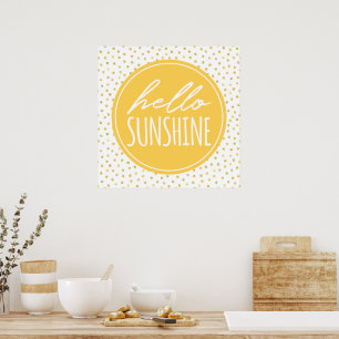 Affiche Hello Sunshine jaune et or à pois en faux 
