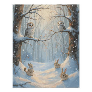 Affiche Hiboux, Lapins et Forêt sous la Neige