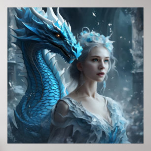 Affiche - Image IA Dragon et Fille Bleu Clair Légè