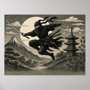 Affiche Japonaise Ninja Pleine Lune Fuji