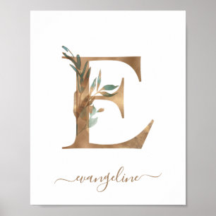 Affiche lettre E en or floral aquarelle monogramme