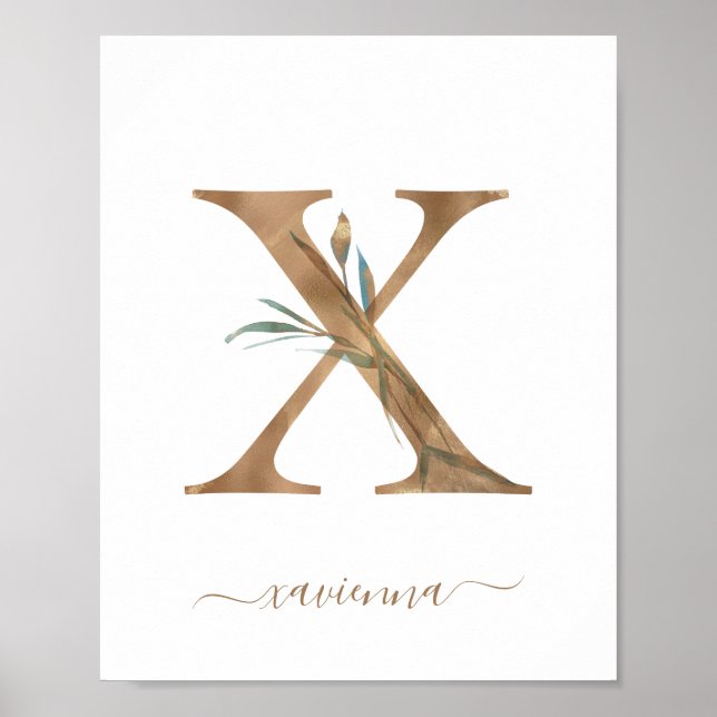 Affiche lettre X en or floral aquarelle monogramme (Devant)