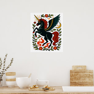 Affiche licorne Pégase Art populaire Floral Célest