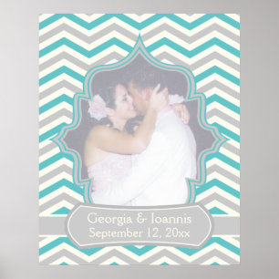 Affiche mariage moderne turquoise, gris chevron