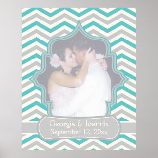 Affiche mariage moderne turquoise, gris chevron