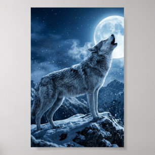 Affiche mate Loup Gris Hurleur Montagne enneigée