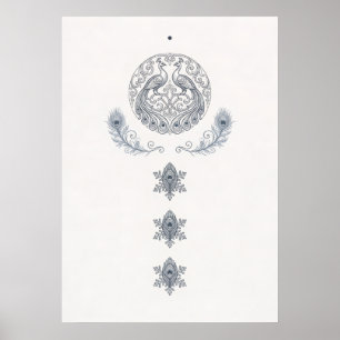 Affiche Minimaliste Plume de Paon Argenté Tombant