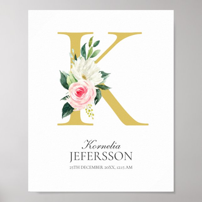 Affiche monogramme lettre K avec fleurs (Devant)
