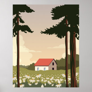 Affiche murale paysage forestier, maison dans la f