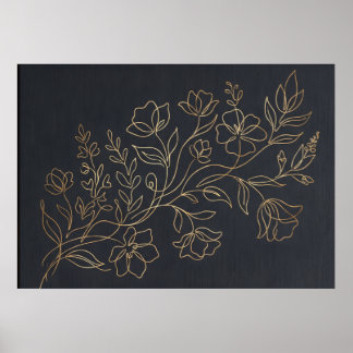 Affiche noire à motif floral doré
