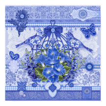 Affiche Oiseaux et Cage en Porcelaine Bleue 16 x 1