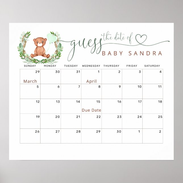 Affiche Ourson Calendrier Devinez la Date Prévue (Devant)