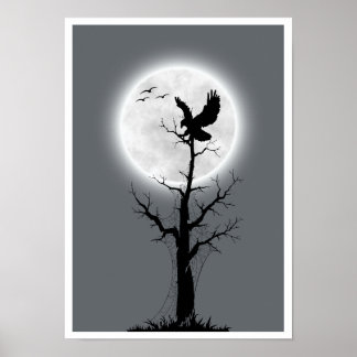 Affiche Paysage lune, arbre & aigle peint art