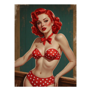 Affiche Pin-Up aux cheveux rouges et bikini à pois