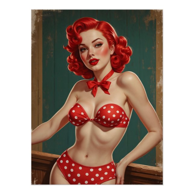 Affiche Pin-Up aux cheveux rouges et bikini à pois (Devant)