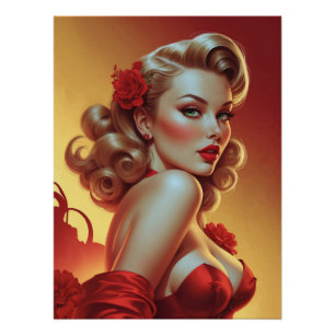 Affiche Pin-Up Blonde en Robe Rouge 