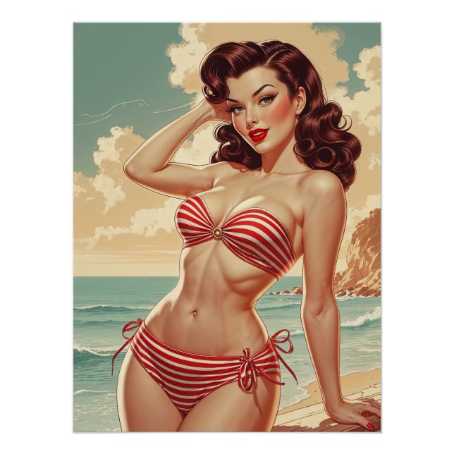 Affiche Pin-Up Brune en Bikini Rayé Rouge et Blanc (Devant)
