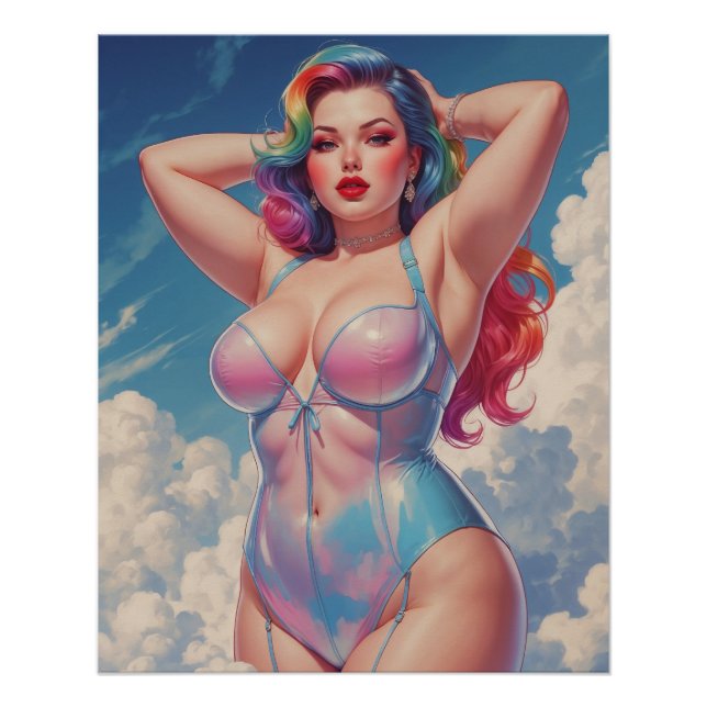 Affiche Pin-Up Cheveux Arc-en-Ciel dans les Nuages (Devant)
