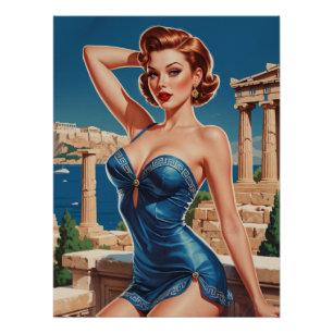 Affiche Pin-Up Grecque Décor Temple et Mer 