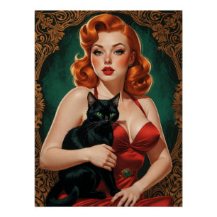Affiche Pin-up Rousse et Chat Noir