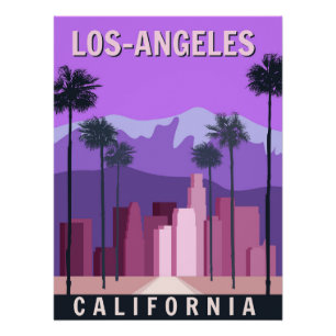 Affiche rétro de Los Angeles, centre-ville, paysag