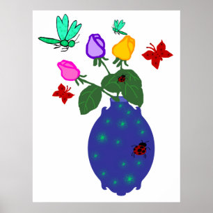 affiche rose de vase à libellule du papillon n