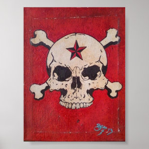 Affiche rouge affligée de peinture de crâne