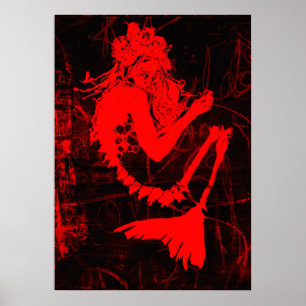 Affiche rouge de squelette de sirène
