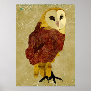 Affiche rouge d'or d'art de hibou