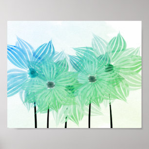 Affiche vert-bleu de fleurs abstraites d'aquarelle
