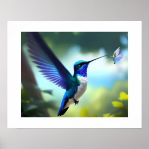Affiche vibrante de colibri en vol bleu et blanc