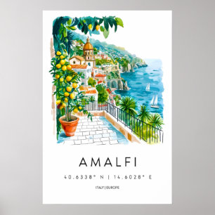 Affiche vintage aquarelle Amalfi Parc Ski Voyage
