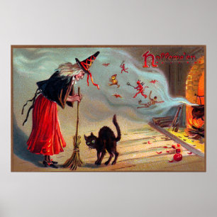 Affiche vintage de décor de chat noir de sorcièr