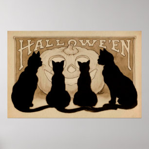 Affiche vintage de décor de partie de chats noirs
