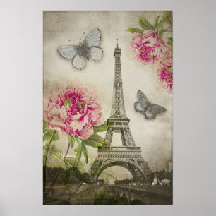 Affiche vintage de pivoines de Tour Eiffel de