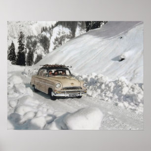 Affiche vintage de ski, voiture en piste