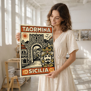 Affiche vintage de Taormine Sicile en gravure sur 