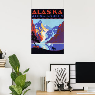 Affiche vintage de voyage en Alaska, Atlin et Yuko