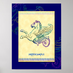 Affiche vintage grecque d'art d'hippocampe de