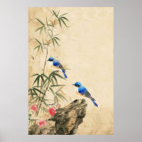 Affiche vintage japonaise de fleurs et d'oiseaux