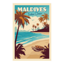 Affiche vintage tortue de mer aux Maldives