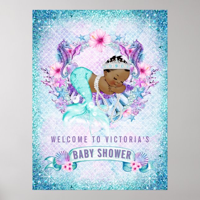 Affiches de bienvenue de Baby shower de sirène afr (Devant)