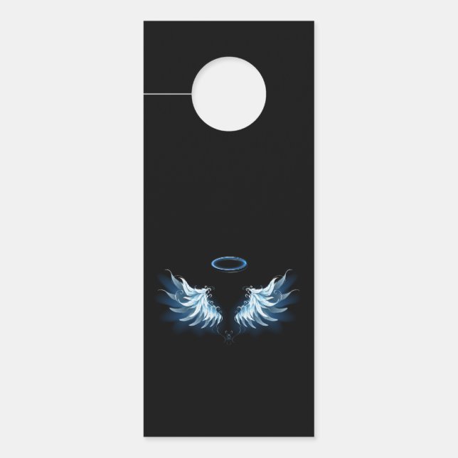 Affichette De Porte Blue Glowing Angel Wings on black background (Devant)
