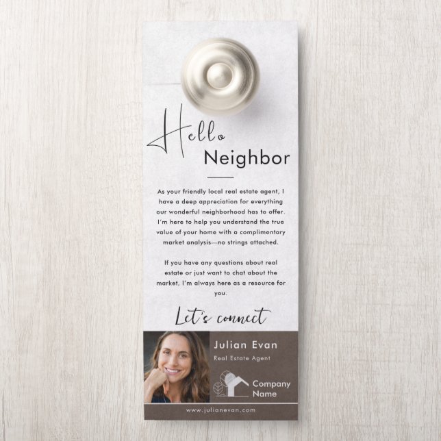 Affichette De Porte Bonjour Voisin Immobilier Marketing Rustique Brown (Sur le bouton)