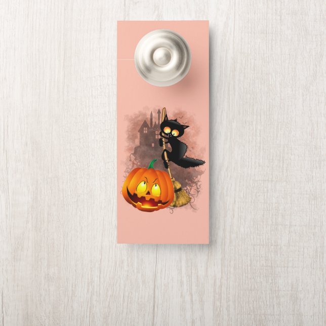 Affichette De Porte Chat effrayé par Citrouille Fun Halloween caractèr (Sur le bouton)